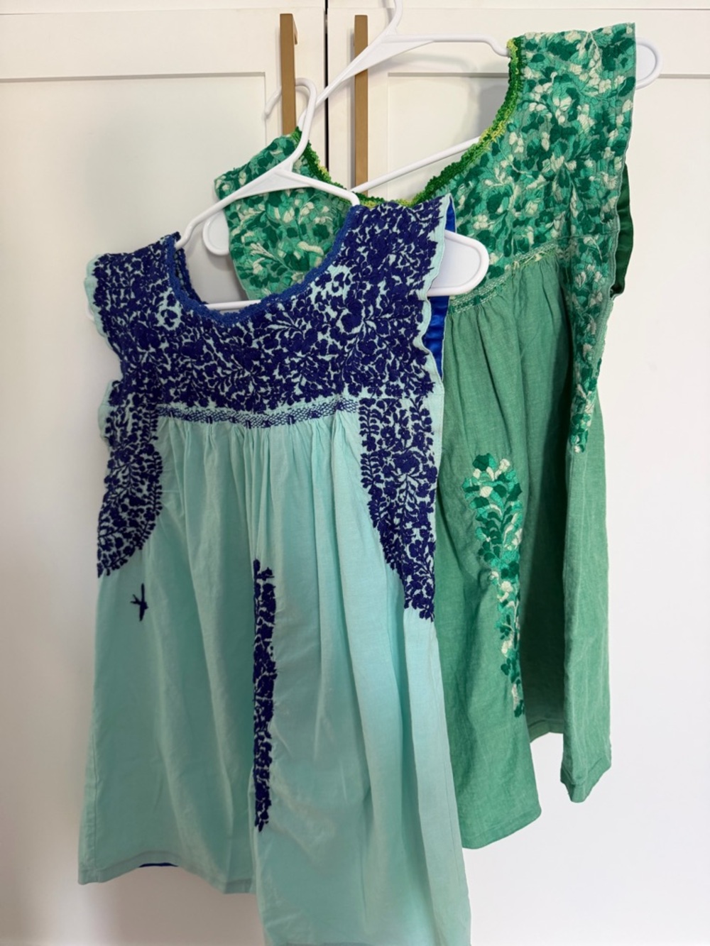 Mi Golondrina Green & Teal Embroidered Cotton Tank Tops
